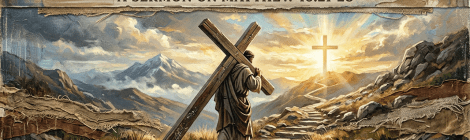 DENY AND REJOICE; A SERMON ON MATTHEW 16:21-28, with a figure carrying a cross through mountains