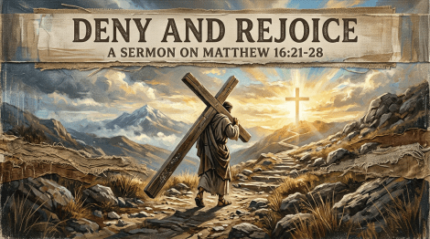 DENY AND REJOICE; A SERMON ON MATTHEW 16:21-28, with a figure carrying a cross through mountains